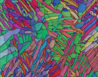 EBSD orientation map of additively manufactured titanium (HCP and BCC phases) collected at > 2,000 indexed patterns per second with Orion™ Super.
