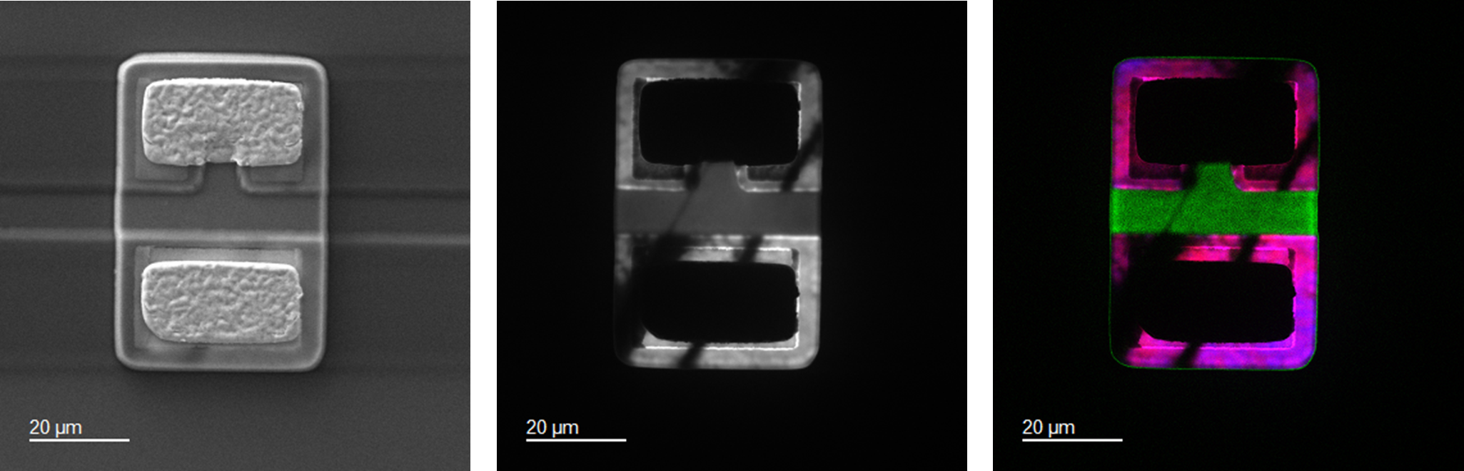 (left) Secondary electron image, (center) CL spectrum image displaying wavelengths from 300 – 700 nm, and (right) colorized spectrum image highlighting emission from GaN (360 nm, green colorization), and InxGa1-xN (430 nm, blue colorization; and 460 nm, red colorization) with 20 nm bandwidth. Each color band is normalized by intensity.