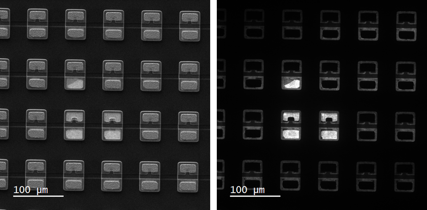 (left) Secondary electron and (right) unfiltered CL images of LEDs with missing metal contact pads.