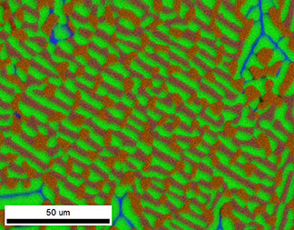 Composite EDS RGB map where the red channel corresponds to the copper signal, the green channel corresponds to the aluminum signal, and the blue channel corresponds to the magnesium signal.