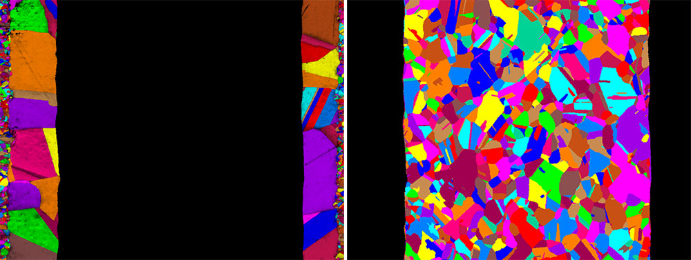 EBSD grain maps for the copper phase (left) and Kovar phase (right) showing a bimodal grain structure for the copper phase.