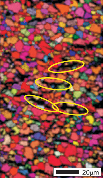 EBSD map of a Zircaloy tube. Hydrides appear dark in the map - a few are highlighted.