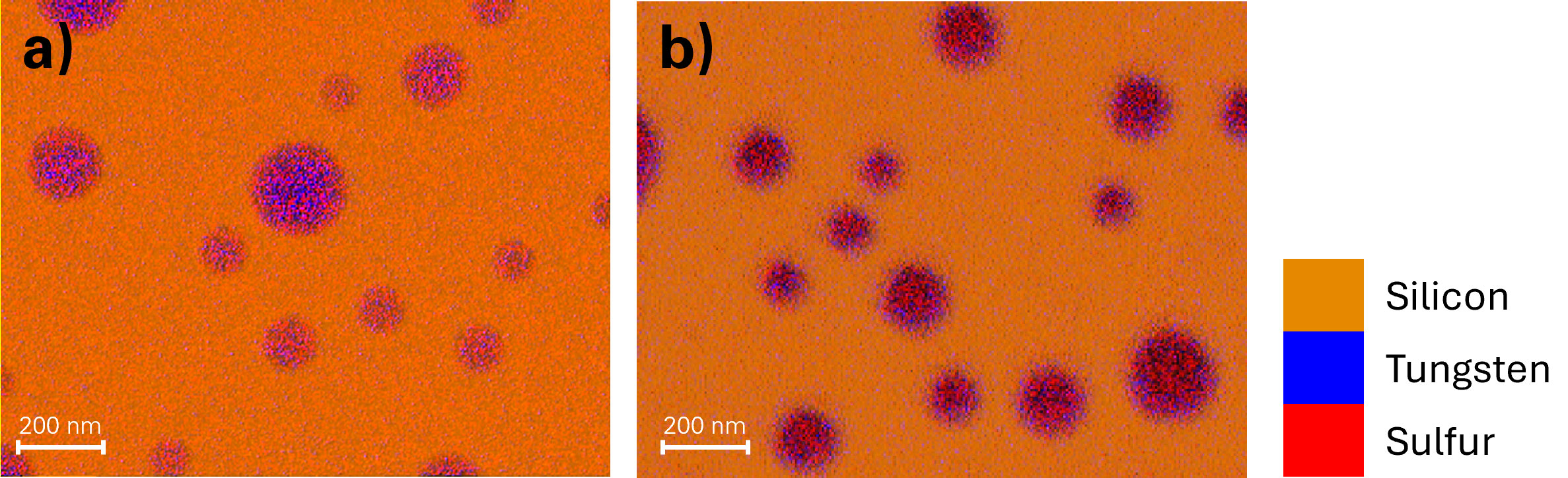 Composite images of silicon, sulfur, and tungsten elemental maps collected by the Octane Elite Ultra EDS system at a) 20 kV and b) 3 kV. The gold map has been excluded for clarity. The formation of gold-tungsten sulfide nanohybrids from gold nanoparticles was confirmed in all cases.