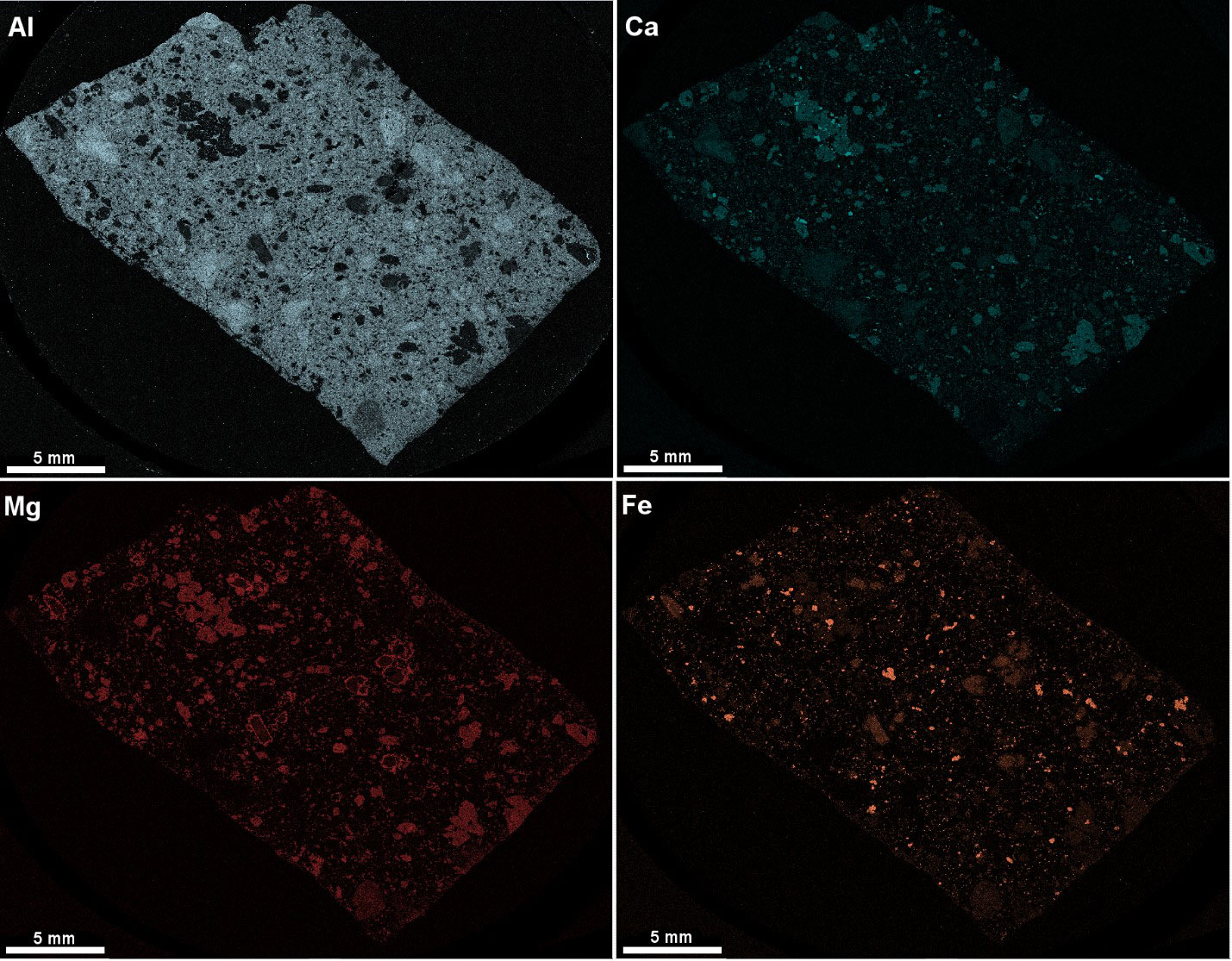 Montage EDS maps of an entire 2.5 x 1.5 cm Hornblende Basalt Porphyry section acquired using APEX 2.0 software.