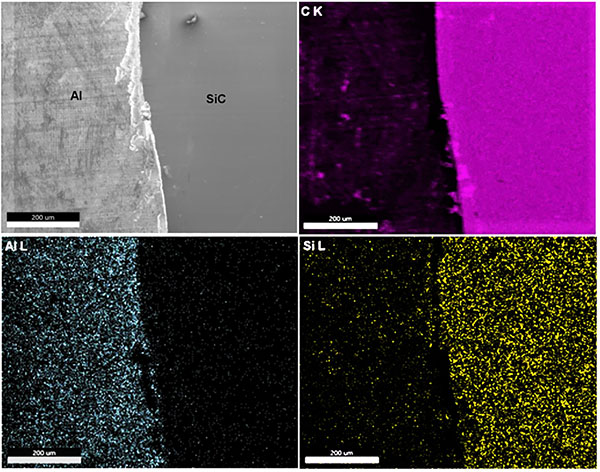 EDS elemental maps of an Al tape on SiC were collected at 2 kV using a Si3N4 window SDD detector. Al L (73 eV) and Si L (92 eV) are separated in the maps.
