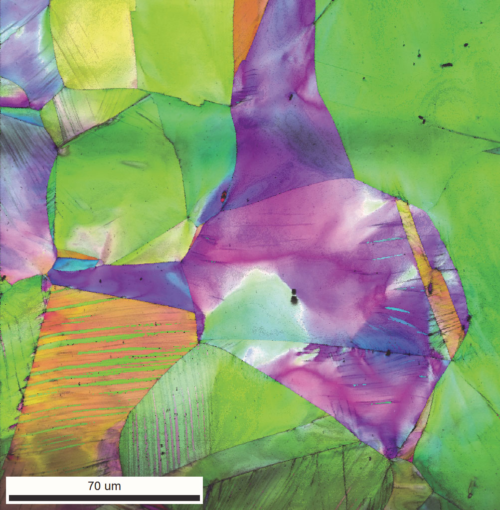 Orientation map of TWIP steel showing twin boundaries introduced during deformation.