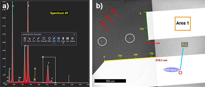 a) Floating toolbar and annotations in the spectrum. b) Annotations in the SEM image.