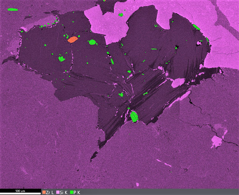 Overlay of Wt% Montage Zr L, Si K, and P K maps consisting of 4 x 4 fields. The Zr L and P K peak overlap is resolved in the map.