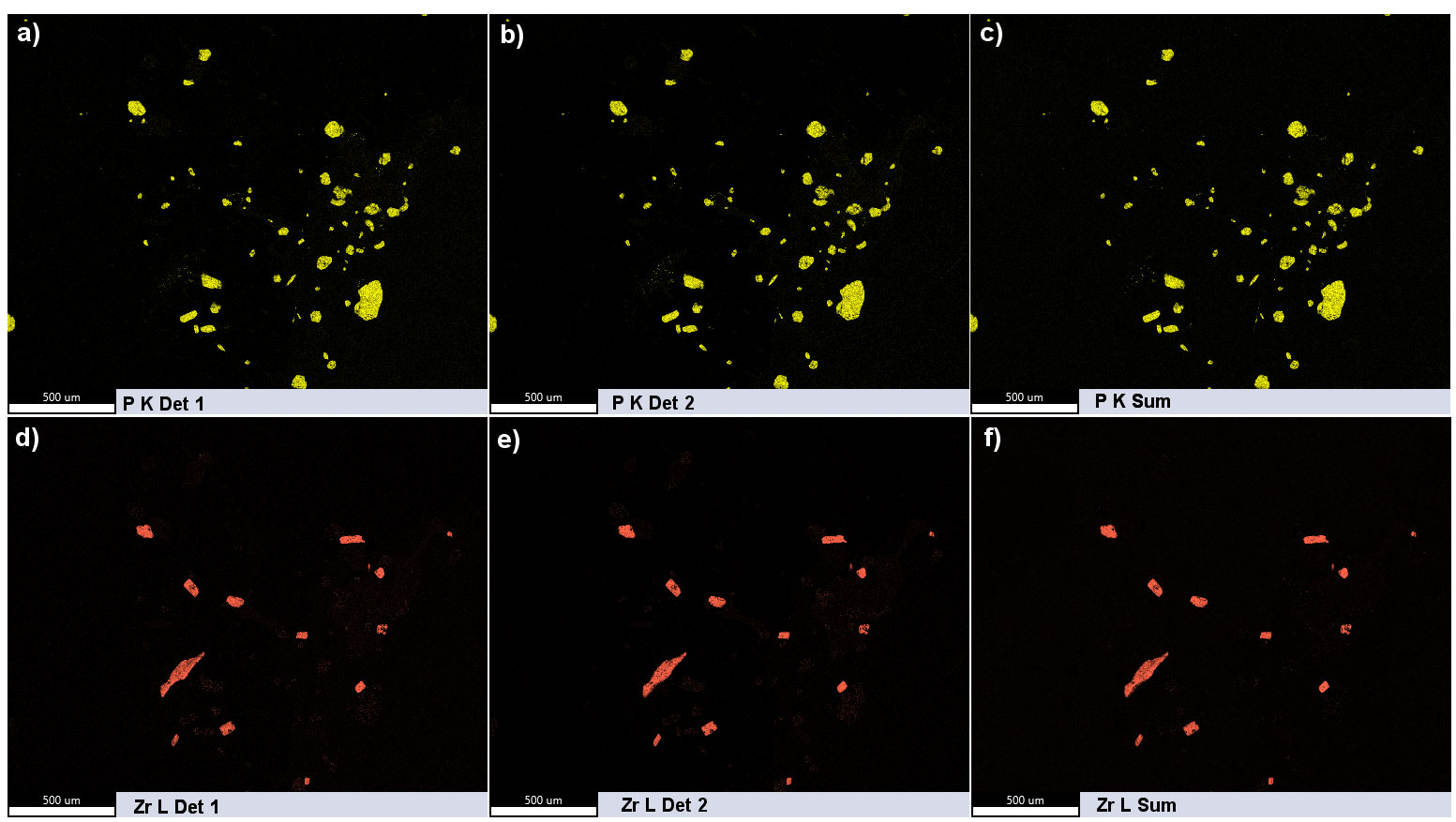Wt% maps of P K rebuilt from counts from a) detector 1 and b) detector 2, and c) the summed counts from both detectors. d-f) Corresponding Zr L maps of the above maps. A processed high contrast and brightness version of this figure is shown in Figure 3.