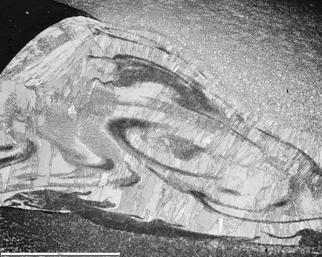 An IQ detail map of the left melt pool, 2.5M points @ 1.5 µm steps. The scalebar is 900 µm.