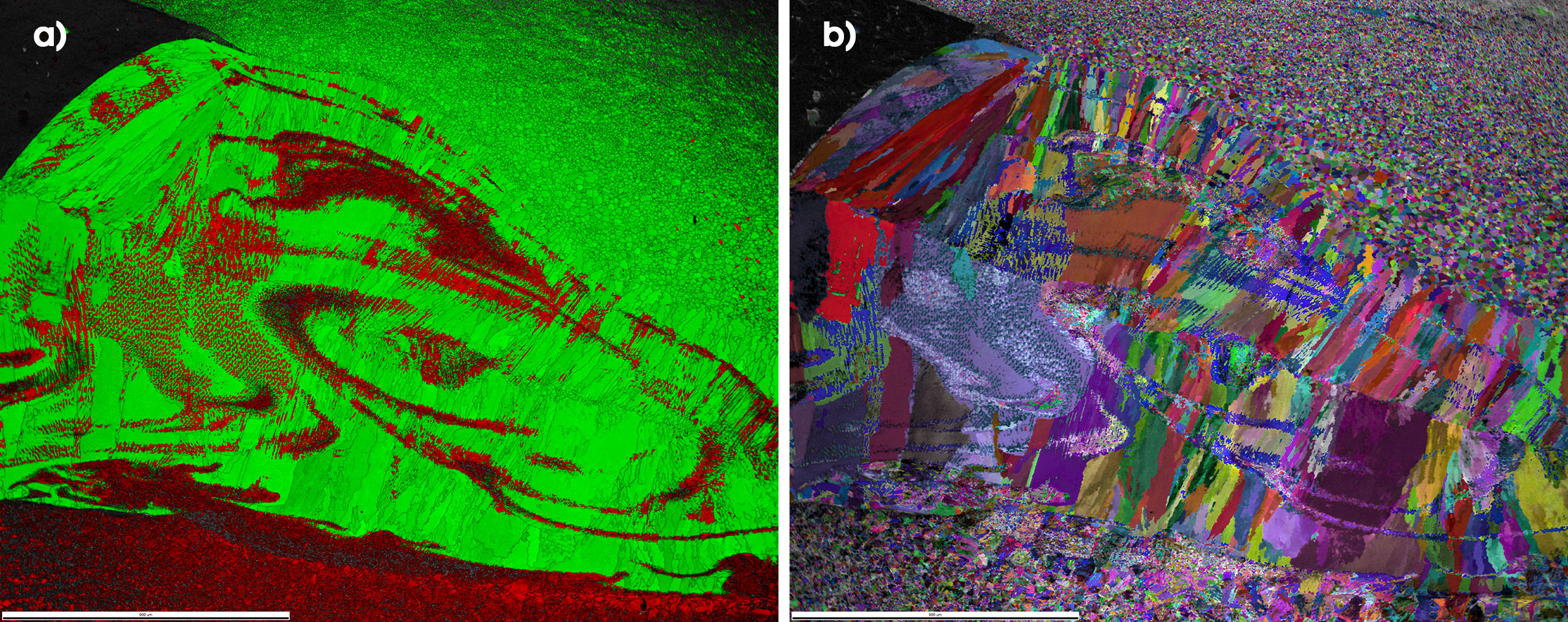 a) A phase map of the left melt pool area. Green is austenite and red is ferrite. b) An IPF on PRIAS center map of the left melt pool as measured. The scalebar is 900 µm.