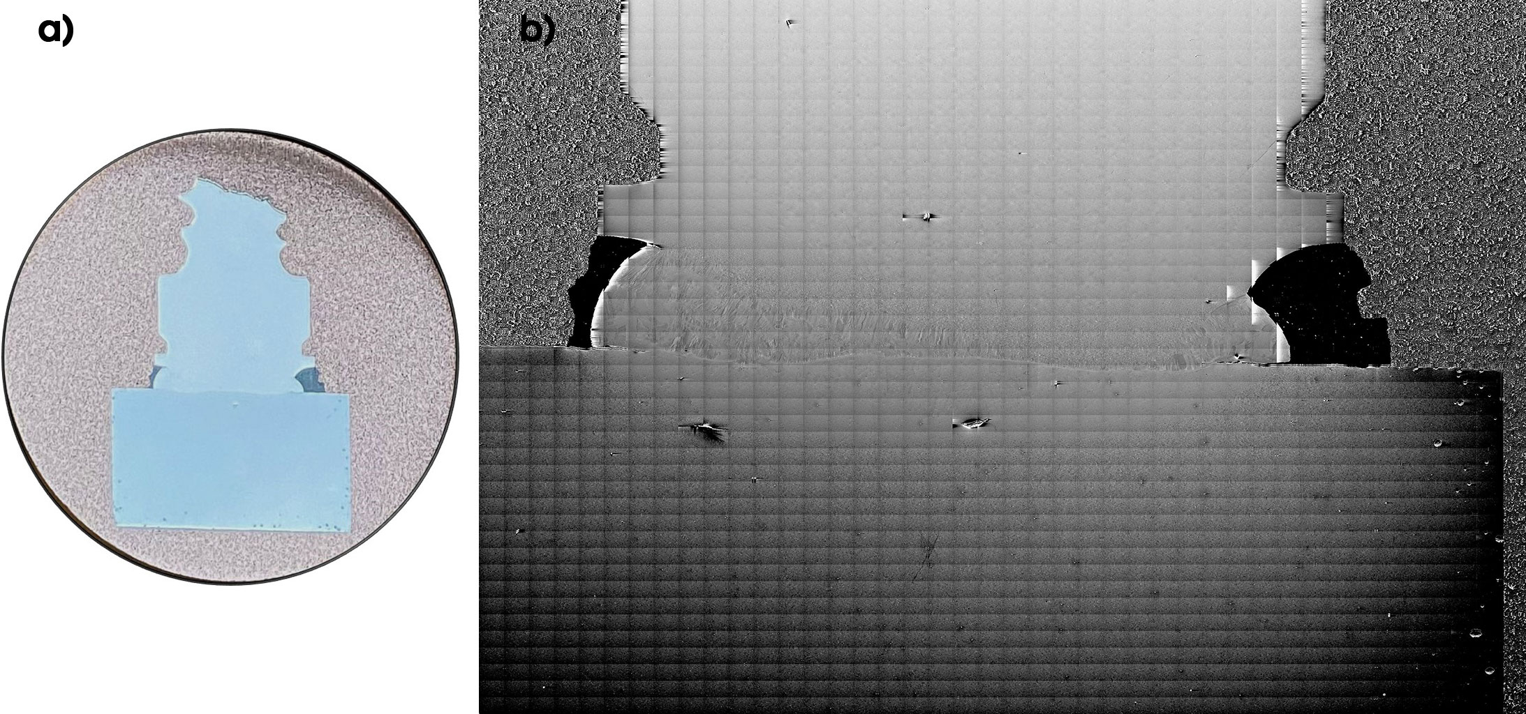 a) The polished sample in 3 cm resin mount. b) An SEM secondary electron montage image of the stud weld contact. (1806 fields, 15.7 x 10.7 mm)