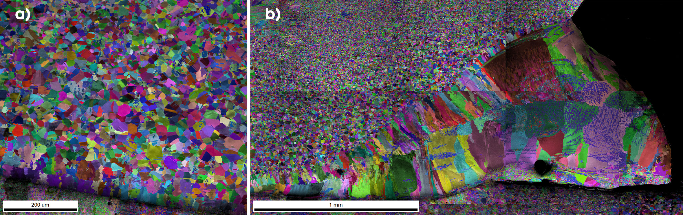 a) A detailed IPF on PRIAS center map of the recrystallized austenite layer. b) An IPF on PRIAS center map showing the columnar austenite grains crystallized from the former melt pool.