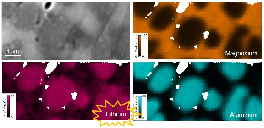 Secondary electron image and elemental metal fraction maps (by wt. %) of the same region of the MgLiAl alloy; white pixels are regions excluded from the analysis due to the influence of topography (identified by arrows in the secondary electron image) shown here for clarity.