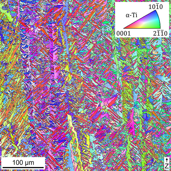 Ti-6Al-4V created by a form of AM called electron-beam melting powder-bed fusion. This map of grain orientations reveals an anisotropic microstructure, with respect to the build direction (Z). In this case, the internal porosity was sealed by a standard hot isostatic pressing treatment.