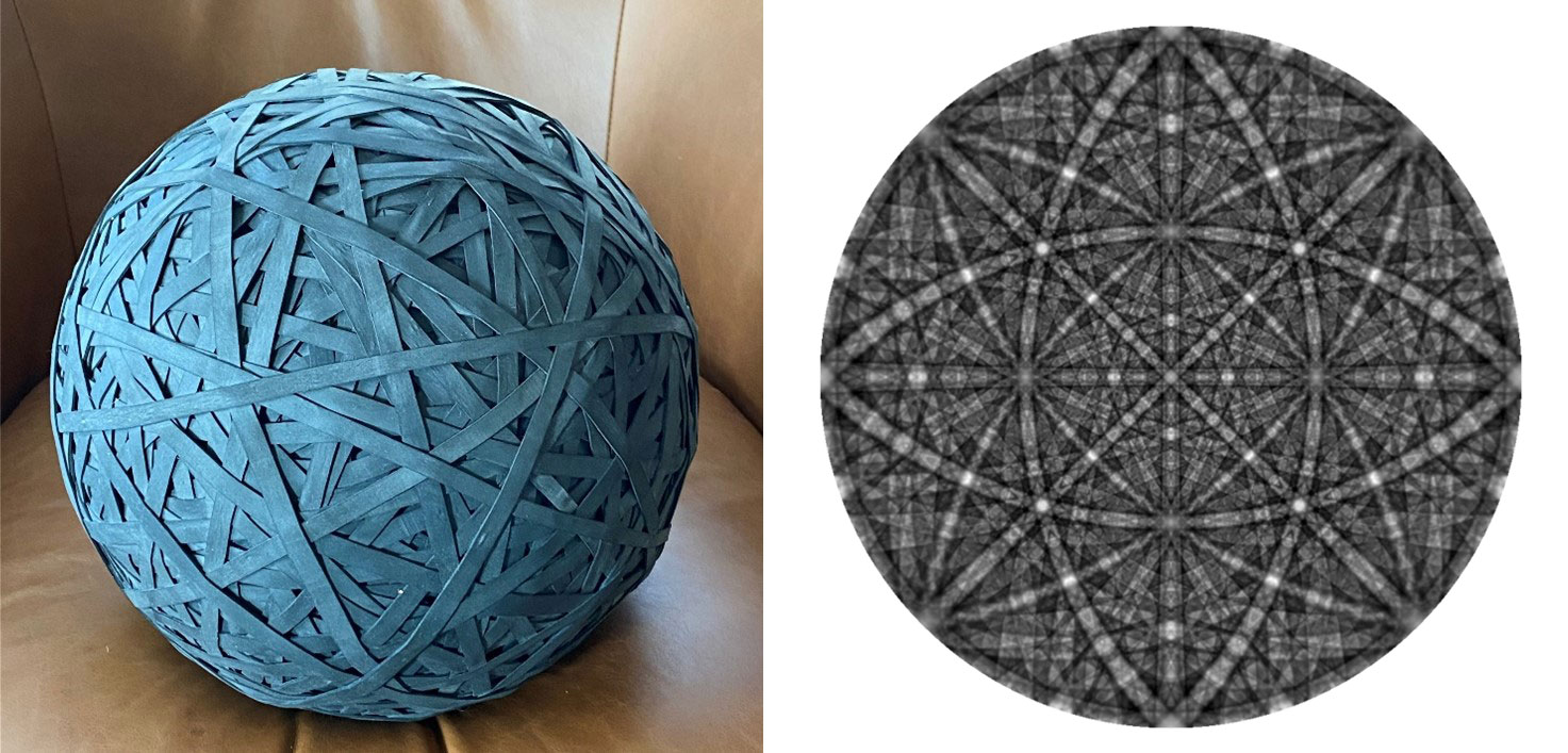 (left) My 12 kg ball of rubber bands. (right) Simulated Kikuchi patterns for EBSD analysis.