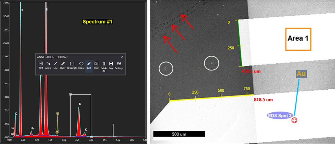 left) Floating toolbar and annotations in the spectrum. right) Annotations in the SEM image.