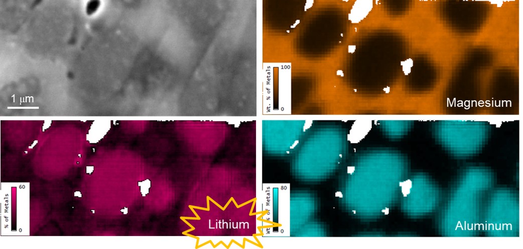 The lithium mapping from joint characterization of the EDAX Octane Elite EDS Detector and Gatan OnPoint BSE Detector.