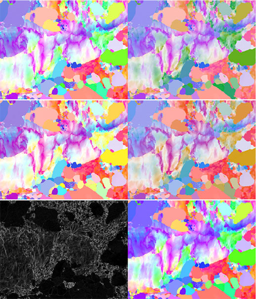 A partially recrystallized steel dataset is IPF colored with saturated (left) and perceptually uniform (right) color maps using traditional (top) and CVD (middle) colors. Notice that orientation gradients are over-emphasized in darker regions of the saturated color maps (blue and purple) and under-emphasized in brighter regions (green, yellow, and cyan).