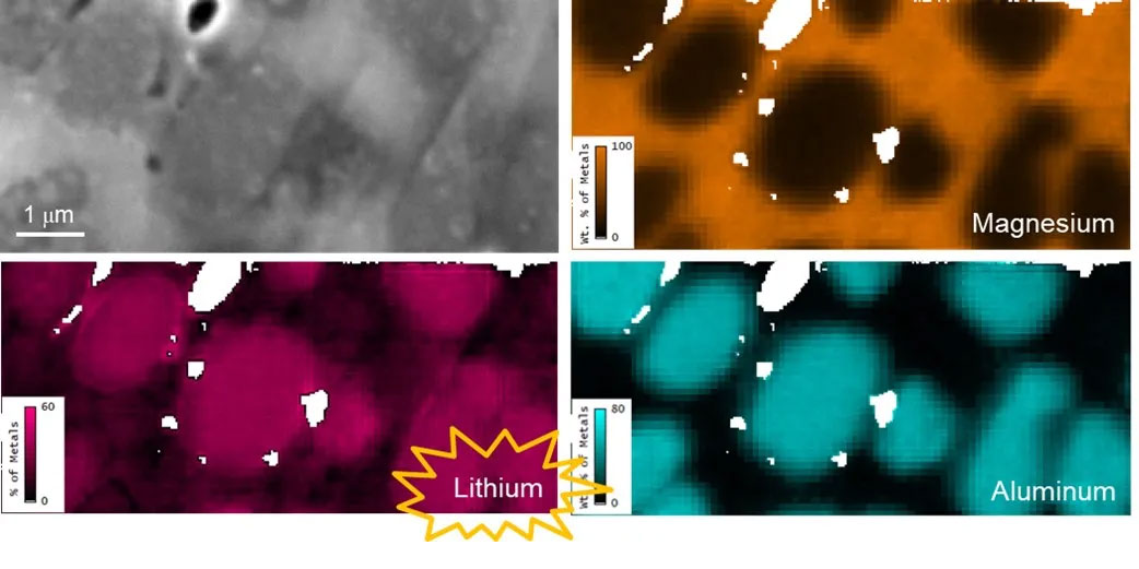The lithium mapping from joint characterization of the EDAX Octane Elite EDS Detector and Gatan OnPoint BSE Detector.