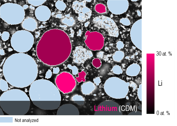 First quantitative analysis of lithium content in cathode materials using the Li-CDM technique.