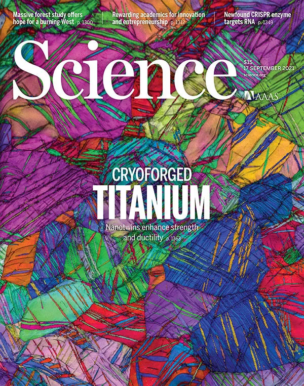 September 17, 2021 issue of Science magazine featuring an EBSD orientation map of cryoforged Titanium.