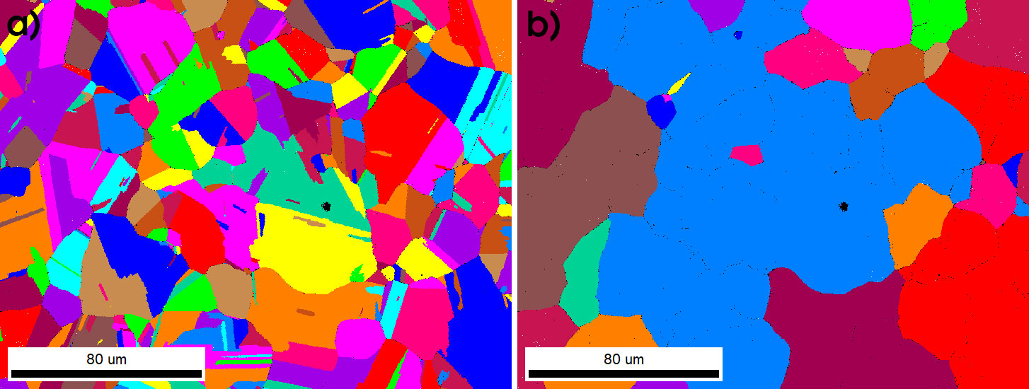 a) A grain map that includes the twin boundaries. b) A grain map excluding the twin boundaries.