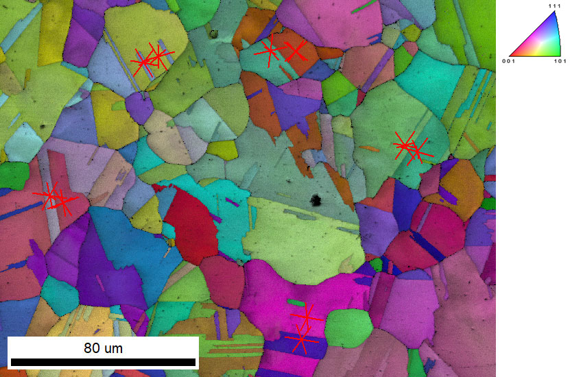 Combined IQ and IPF orientation map with (111) plane traces shown on both sides of selected twin boundaries.