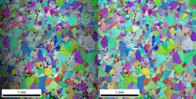 Excellent results are possible even with a single pattern center used for the entire dataset. Vignetting is visible in a) an IPF+IQ map of Hough indexing with a fixed pattern center. The field is flat over the entire area for b) an IPF+CI map of spherical indexing with a fixed pattern center.