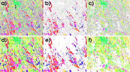 Phase discrimination depends on the similarity of the phases with a two-phase steel. In addition to the quality in orientation results with d – f) spherical indexing vs. a – c) Hough indexing, b – c & e – f) phase discrimination is improved with spherical BCC and FCC iron well separable.