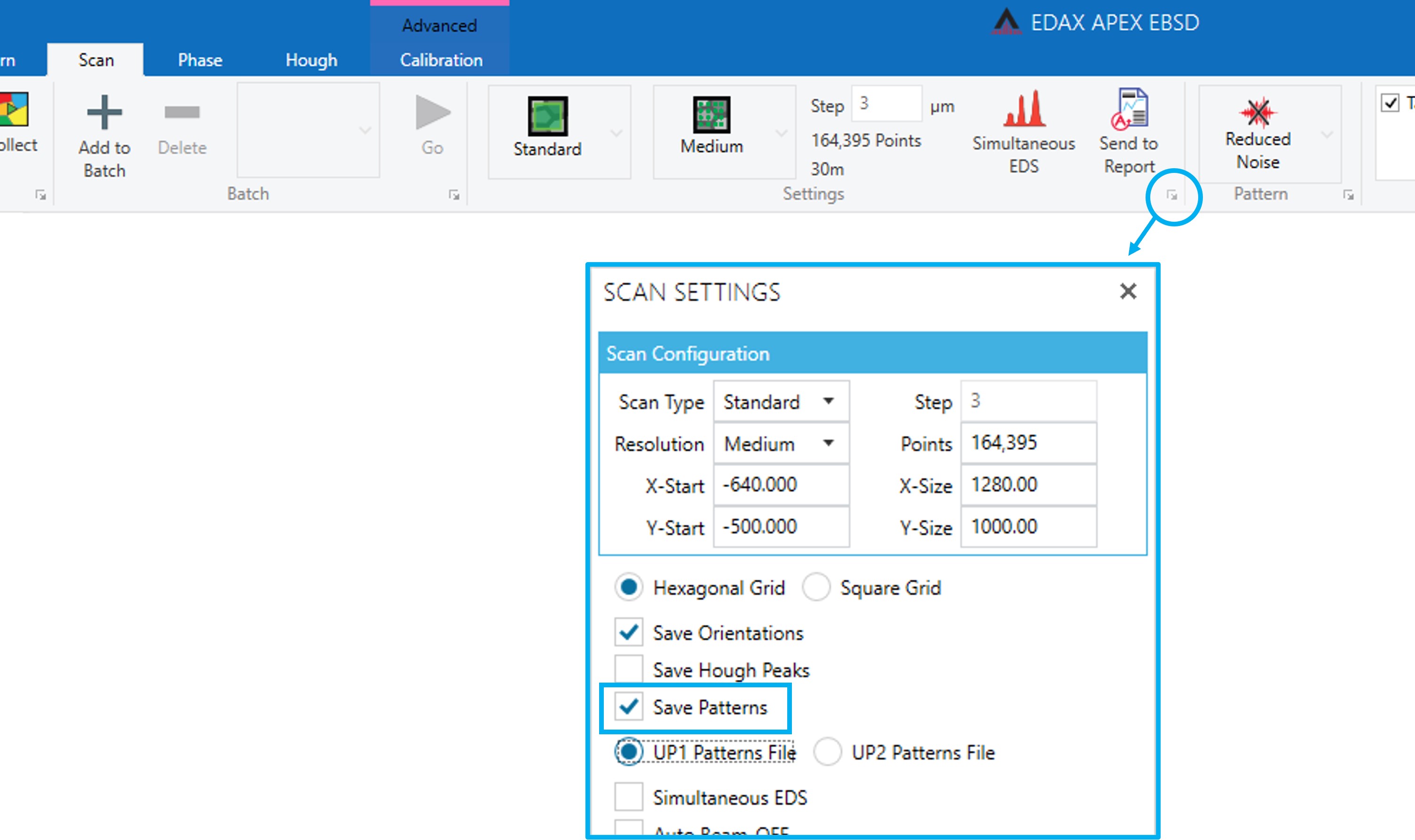 Screenshot of EDAX APEX showing where the check-box to save patterns is located within the software.