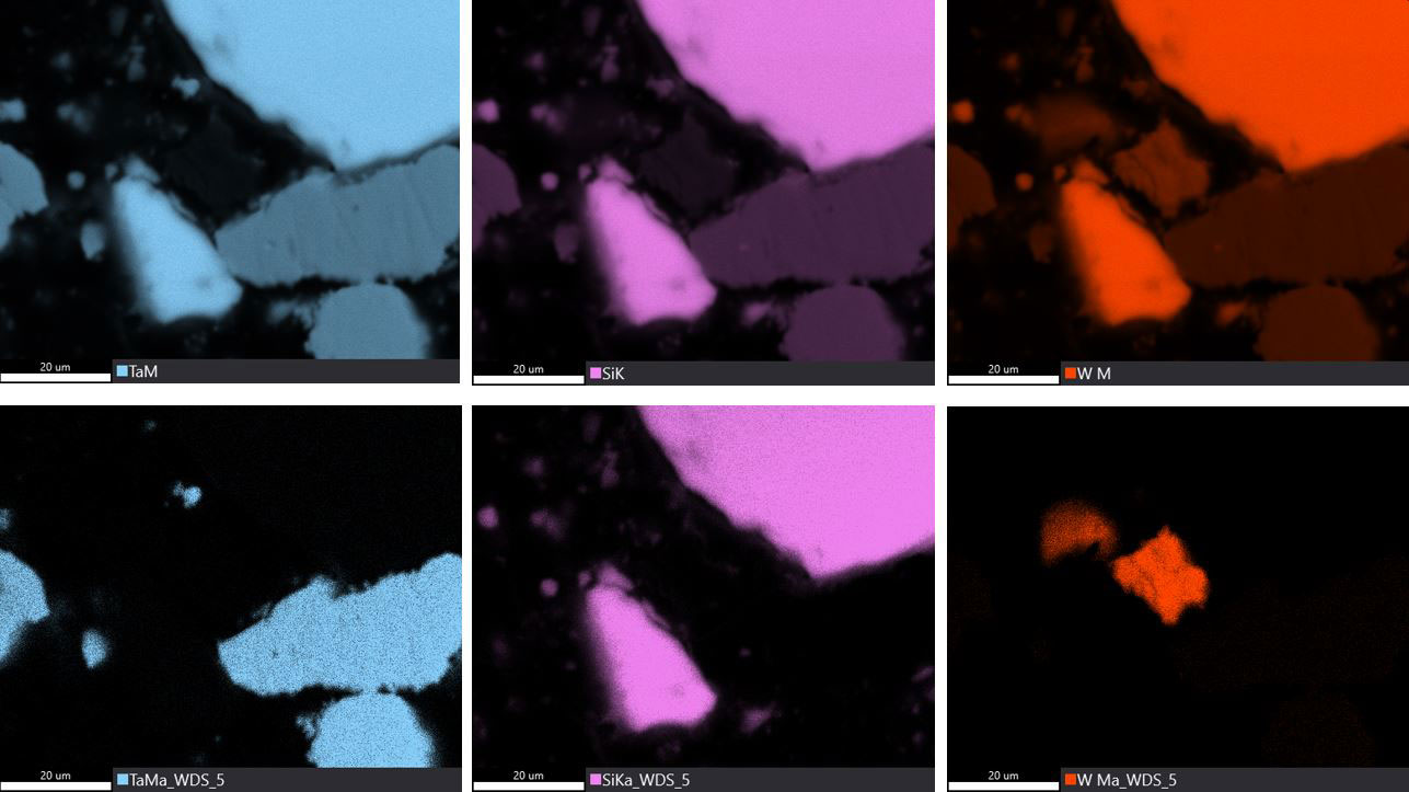 EDS (top) and WDS (bottom) maps of the Si-W-Ta sample. The WDS maps resolve the artifacts due to Ta M, Si K, and W M peak overlaps in the EDS maps.