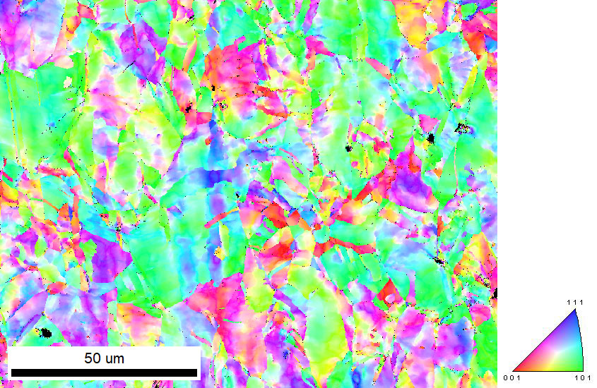 An IPF orientation map collect from a 134 µm x 104 µm area of the pressed coin with a 100 nm step size. The coloring is relative to the orientations aligned with the sample’s surface normal direction.