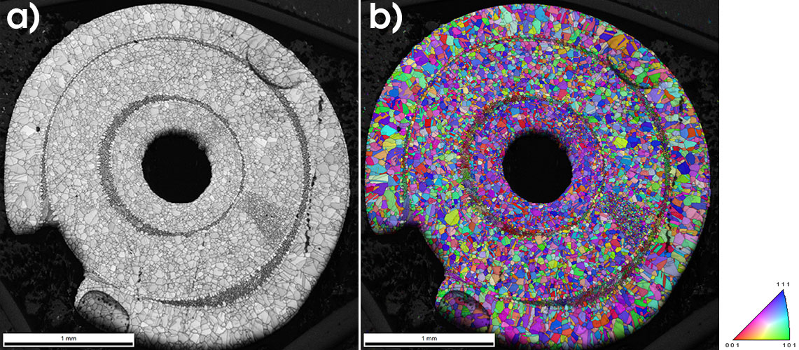 a) EBSD IQ and b) IPF maps of a cross-section through the entire tube of the oven thermostat sensor.