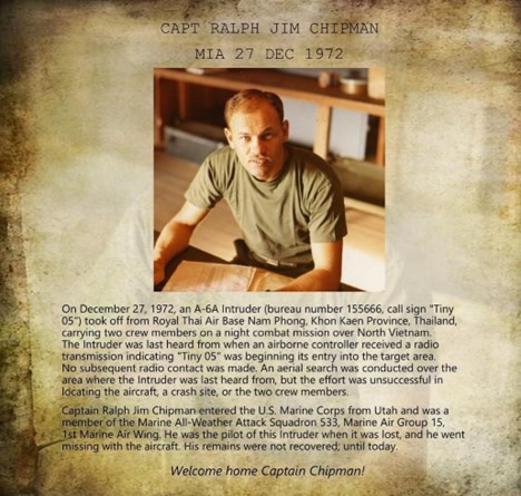 Notice saying Captain Ralph Jim Chipman is no longer missing in action.