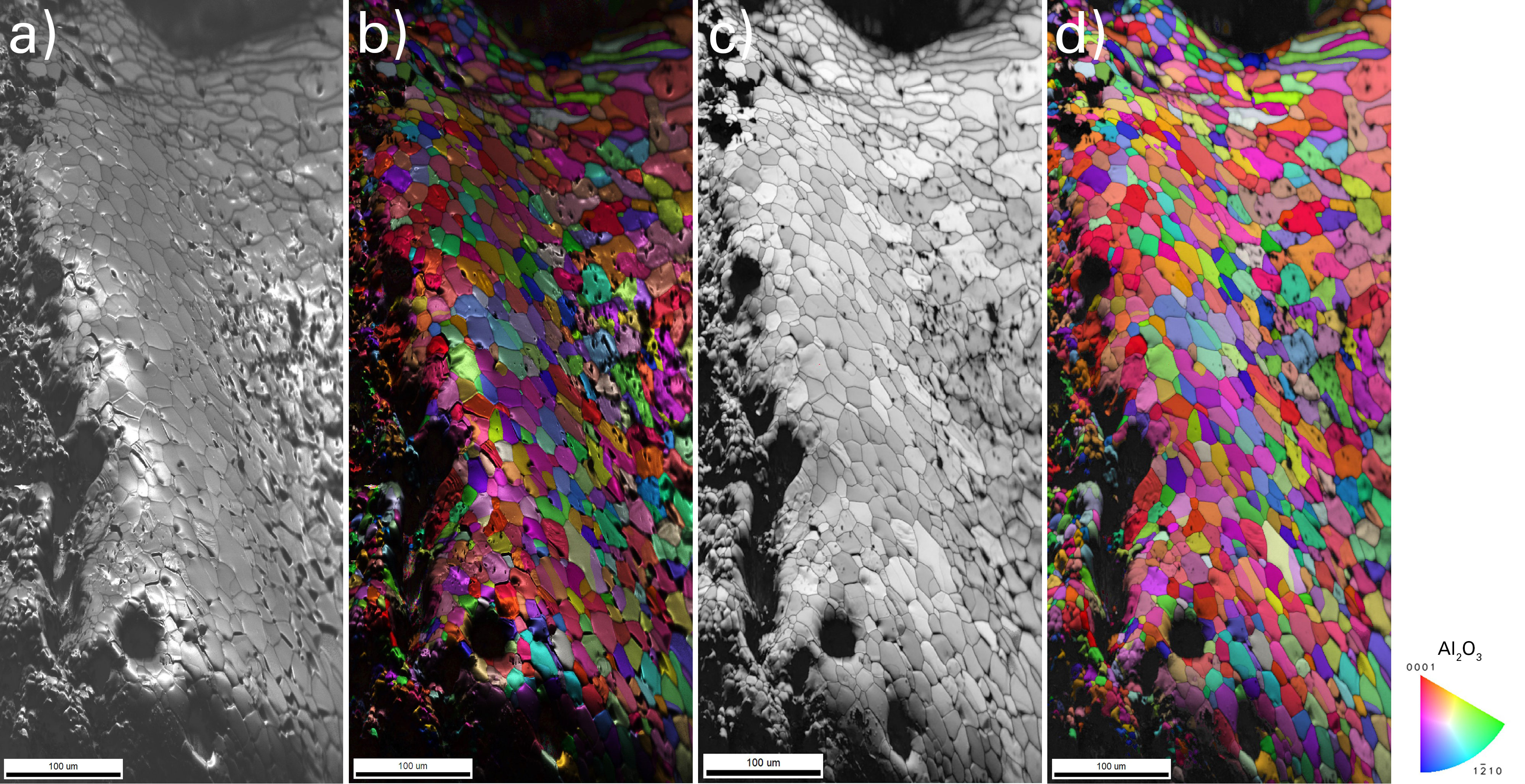 Ruby surface. a) IQ map, b) IQ map + IPF map with CI > 0.2 filter and CIS, c) CI map, and d) CI map + IPF map with CI >0.2 and CIS.