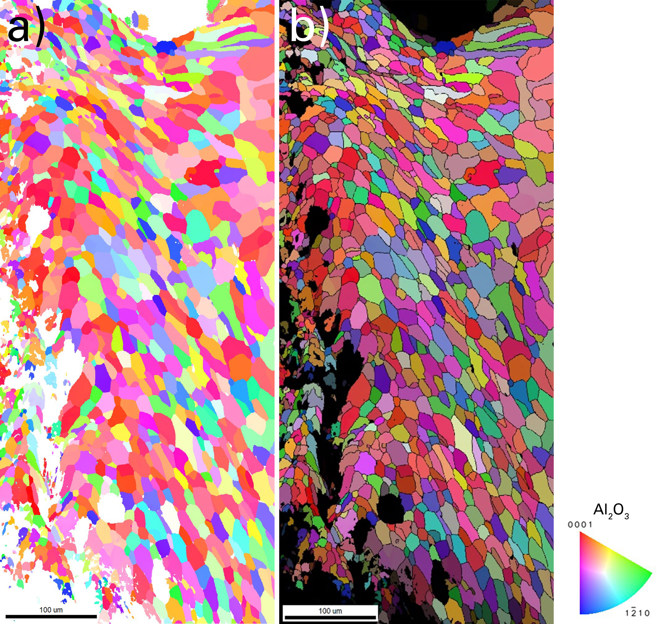 Ruby surface. a) IPF map with CI >0.2 and CIS and b) overlay of IPF map with CI >0.2 and CIS with grain boundary (>5°) in black and CI Map after CIS.