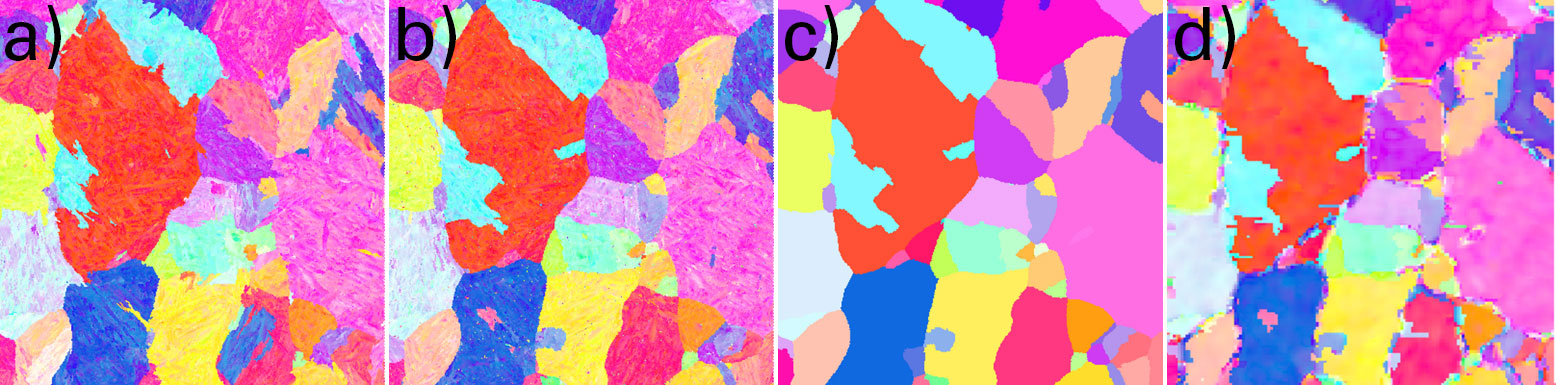 IPF Maps of the parent austenite microstructure reconstructed using a) OIM Analysis [2], b) Merengue [3], c) Graph Cutting [4] and d) ROPA [5].