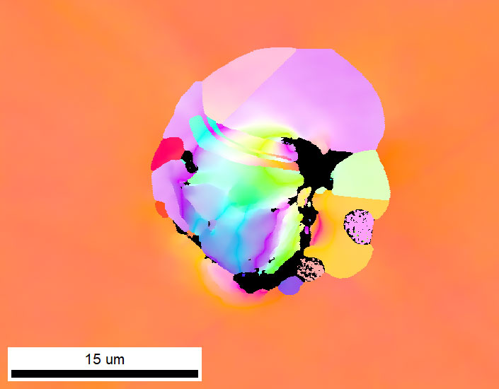 The IPF (normal direction) orientation map was collected by analyzing the EBSD pattern with spherical indexing and using the generic FCC master pattern material file.