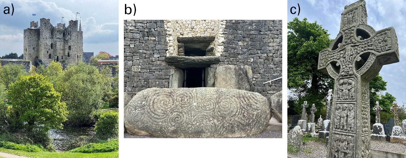 a) Trim castle, b) a passage grave at Brú na Bóinne, and c) a high cross at Monasterboice.