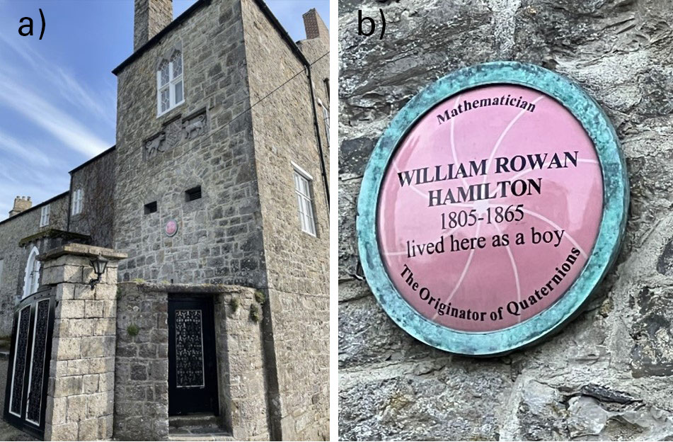 a) Pink plaque on a wall in Trim, Ireland. b) A close-up of the Hamilton plaque.