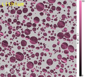 Lithium map (in atomic percent) of a nickel manganese cobalt oxide (NMC) sample commonly used as a cathode material in the construction of lithium-ion batteries.