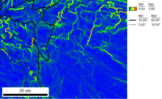LOS map showing the location of the subgrain boundaries and structure that developed during the additive manufacturing process using the 8th nearest neighbor kernel to calculate the local spread in orientation.