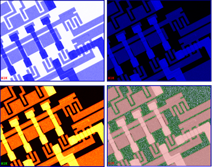 X-ray map for Aluminum shown in four different palettes: reverse, color, thermal and 3-band logarithmic